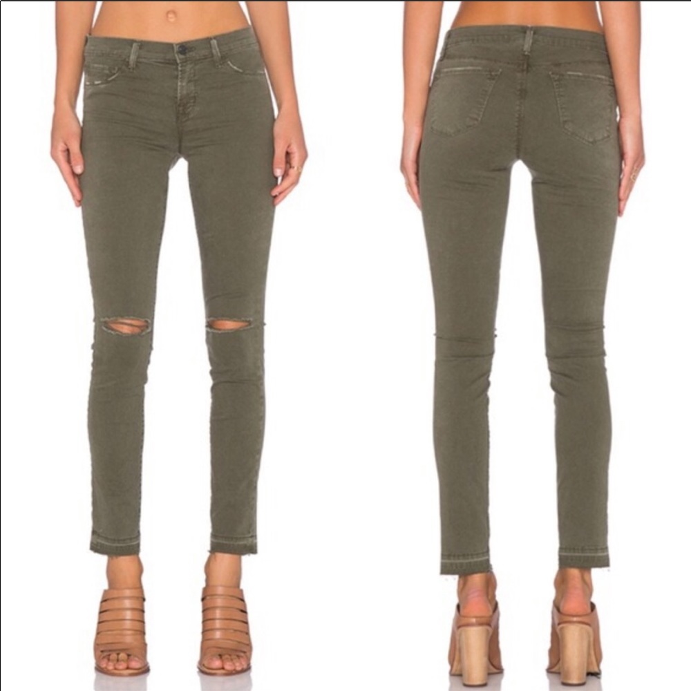 J Brand Jungle Green Ripped Knee Skinny Jeans
